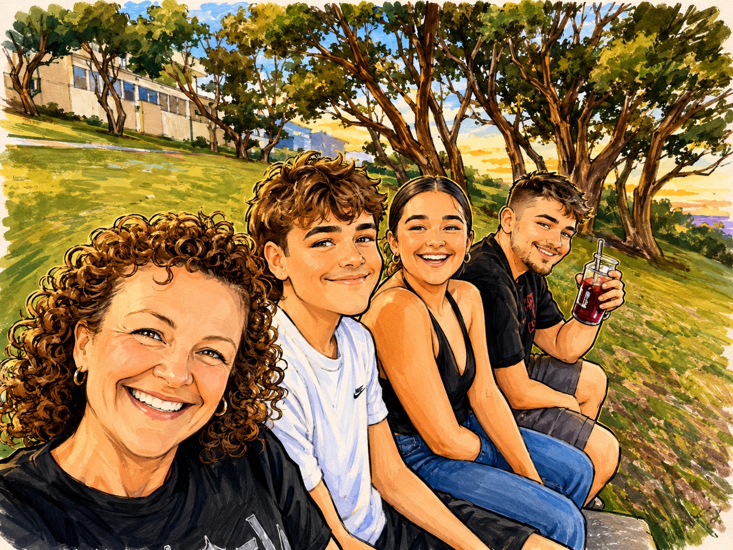 Tania and the kids outdoors — illustration
