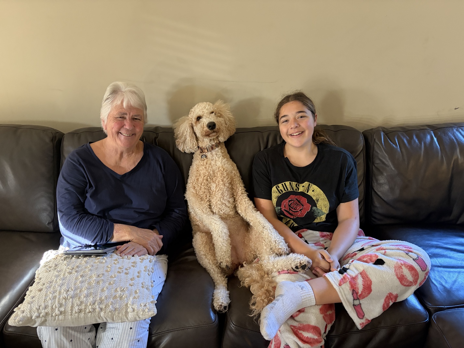 Family and Bonnie on the sofa