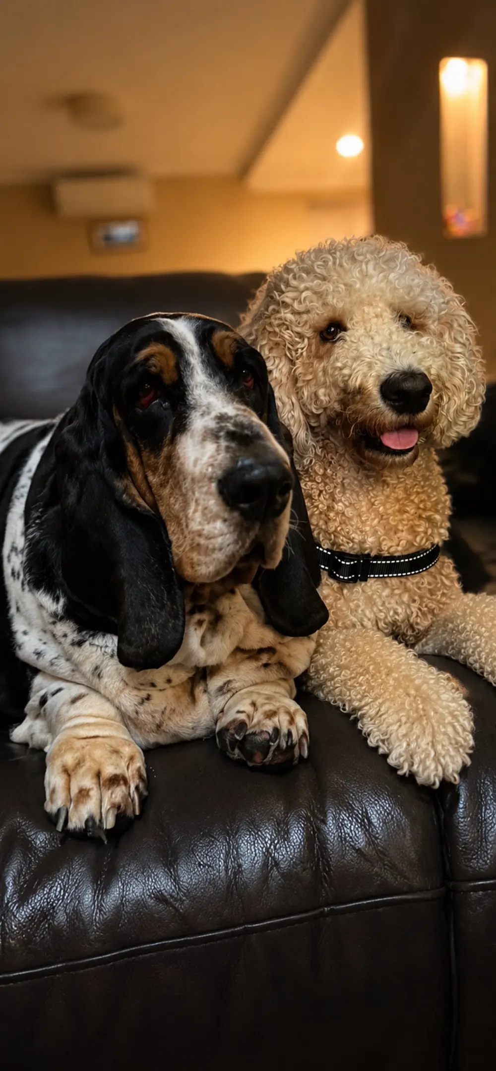 A basset hound and curly-coated dog on the sofa