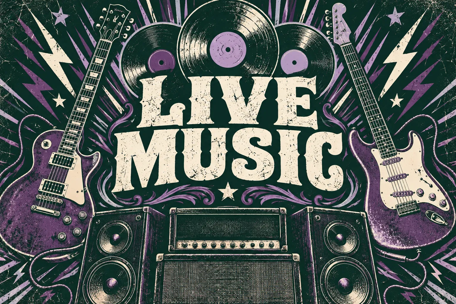 Vintage Live Music poster with purple guitars, records and amplifiers